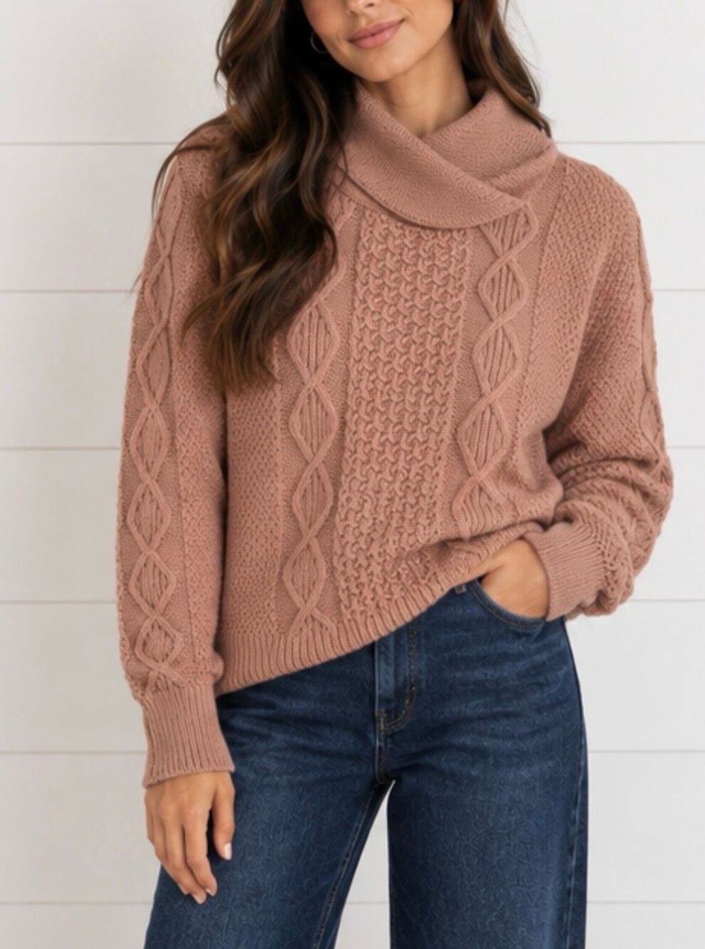 L.L. Bean Signature cotton cableknit cross neck sweater rose M